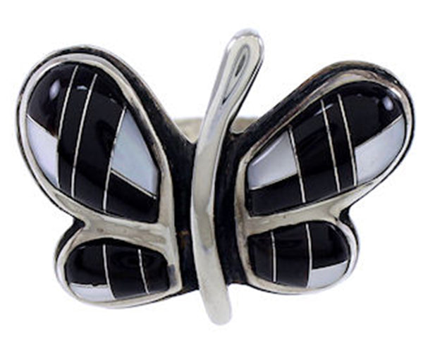 Silver Mother of Pearl Black Jade Butterfly Ring Size 9-1/4 AW72505